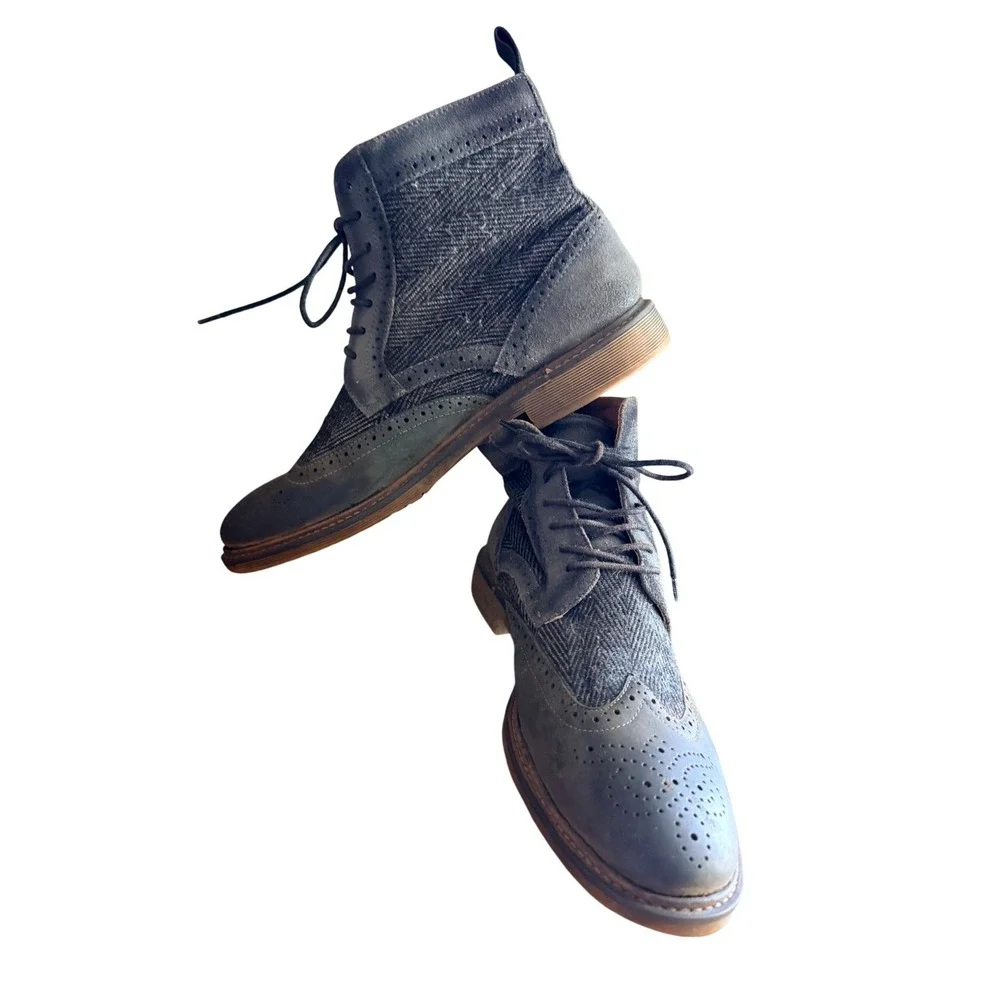 Steve Madden Boots Mens 9.5 SIFTT Gray Wingtip Herringbone Leather EUC